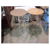 2 pressed wood tables, wire plant stand, brass