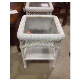 Glass top faux wicker patio table. 22"h x 17"sq.
