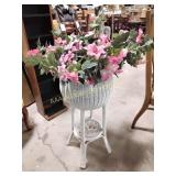 Wicker plant stand, artificial flowers