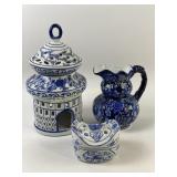 Household decor items, blue and white, variety