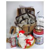 Apple basket, small rugs, tin, misc.
