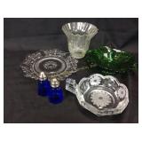 Glassware, etched light globe, green bowl, cobalt