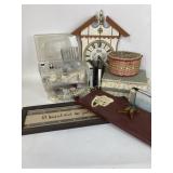 Clock, primitive wood & cast iron coat hanger,