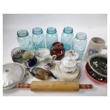 Kitchen ware, ball jars, salt crock, rolling pin,