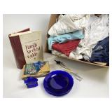 Cobalt blue glassware, glass bird, clothing,