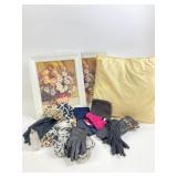 Framed picture, scarves & gloves