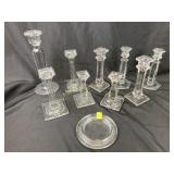 Candlestick holders, clear etched