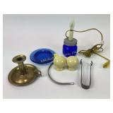 Salt and pepper shakers, ice tongs, lights,