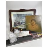 Hand saw, miniblinds, framed watercolor, portrait