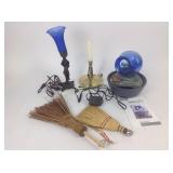 Small brooms, blue art glass table lamp, cobalt