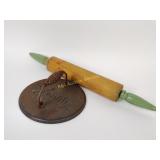 Depression era green handled rolling pin, Lodge