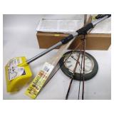 Fishing poles, snow broom, clock, miscellaneous
