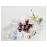 Amethyst shot glasses, glass stir sticks, salt