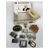 Belt buckles, leather change purse. Cigar boxes