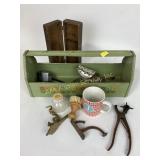 Metal painted tote, wood box,  ottle, mug, coat