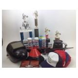 Trophies, welding mask, coffee thermoses, farm