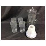 Cambridge etched glass lidded pitcher & tumblers,