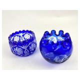 2 cobalt cut to clear glass rose bowls