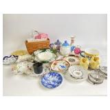 Longaberger basket, decorative ceramic teapot a