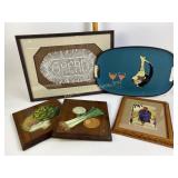 Vegetable wall art plaques, martini tray, framed