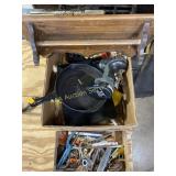 Cast iron pan, drill, assortment of small tools