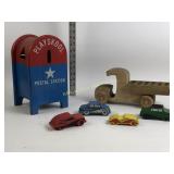 Wooden playskool mailbox and trucks