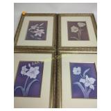 (4) flower art framed prints, 13"x15"