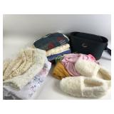 Linens and clothing, slippers, travel bag