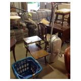 End table- rough condition, laundry baskets,