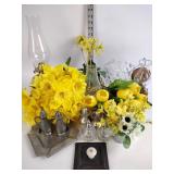 Fake flowers assortment, oil lamp, flower pot,