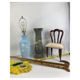 Floral lamp, bird bath base, canes, broom