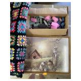 Tv tray with farm painting, vintage afghan,