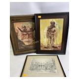 Framed pictures of king and Wild West man,