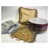 Charger plates,  tablecloth, table runner, decor