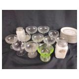 Milk glass salt and pepper shakers, green glass