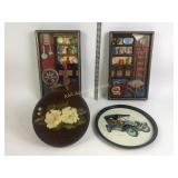 2 loom/pottery plaques, metal car tray, hand