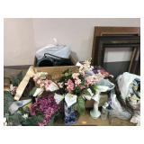 Artificial flowers, vases, picture frames
