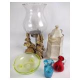 Colored glass vases, bowl, wooden bunny lamp,