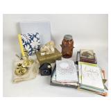 Brownie film camera, brass candlestick holders,