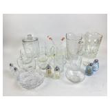 Clear glassware pitchers, cups, bowls, salt and