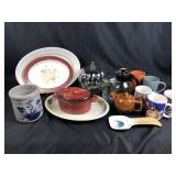Baking dish, small crock, teapot, coffee mugs,