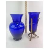 2 cobalt glass vases - one in metal stand