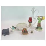 Antique etched glass cruet, ceramic bowl, golf