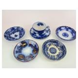 Flow Blue small bowls, cup, saucer