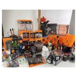 Halloween decorations including pumpkins, s