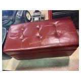 Red leather storage ottoman, 32in x 16.25in