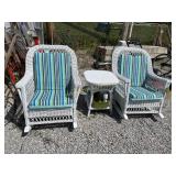 White wicker patio furniture set with two rocking