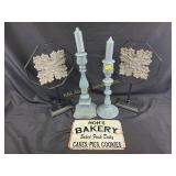 Candle holders, decorative art, moms bakery sign