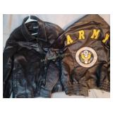 Two leather jackets, 1 army lg and 1 Guess xl
