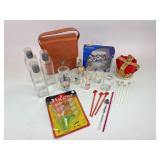 Glass decanter serving set in pouch, jiggers set